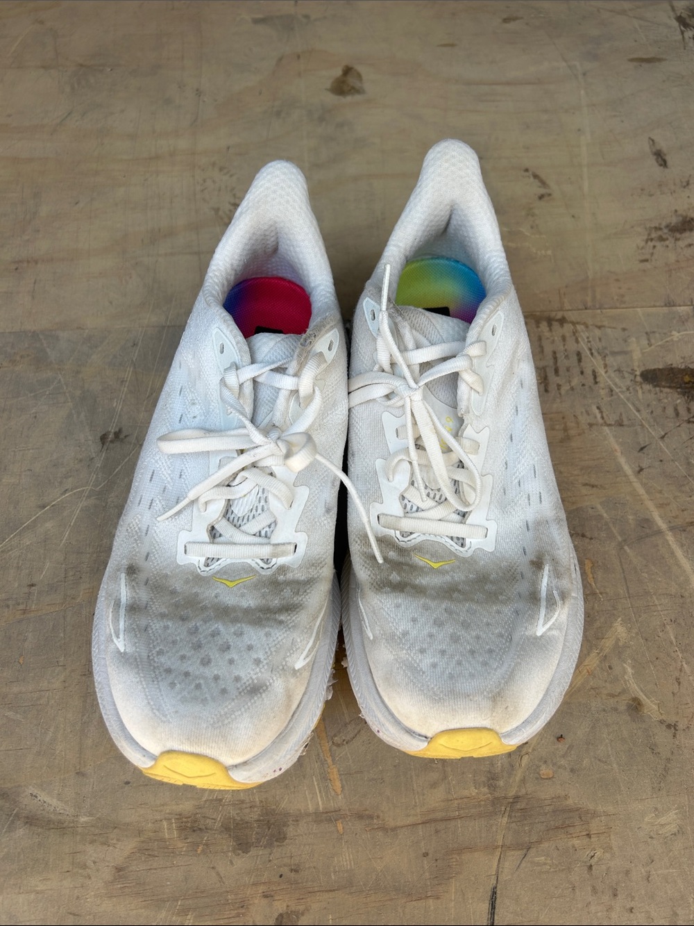 Hoka White Athletic Shoes with Yellow and Multicolor Accents